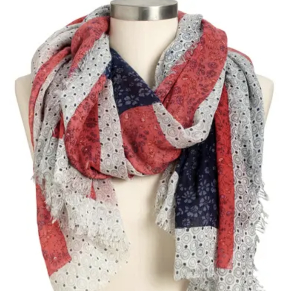 Americana Floral USA American Flag Scarf Red White Blue Flower Colorblock